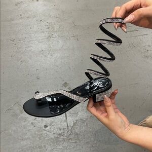 Elegant Black Spiral Sandals with Rhinestones